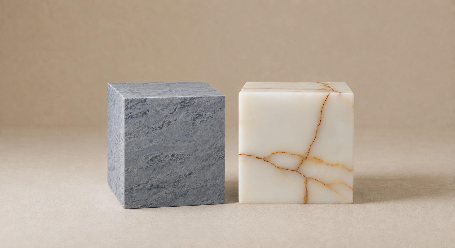 The Cubes — a grey stone cube beside a white onyx cube