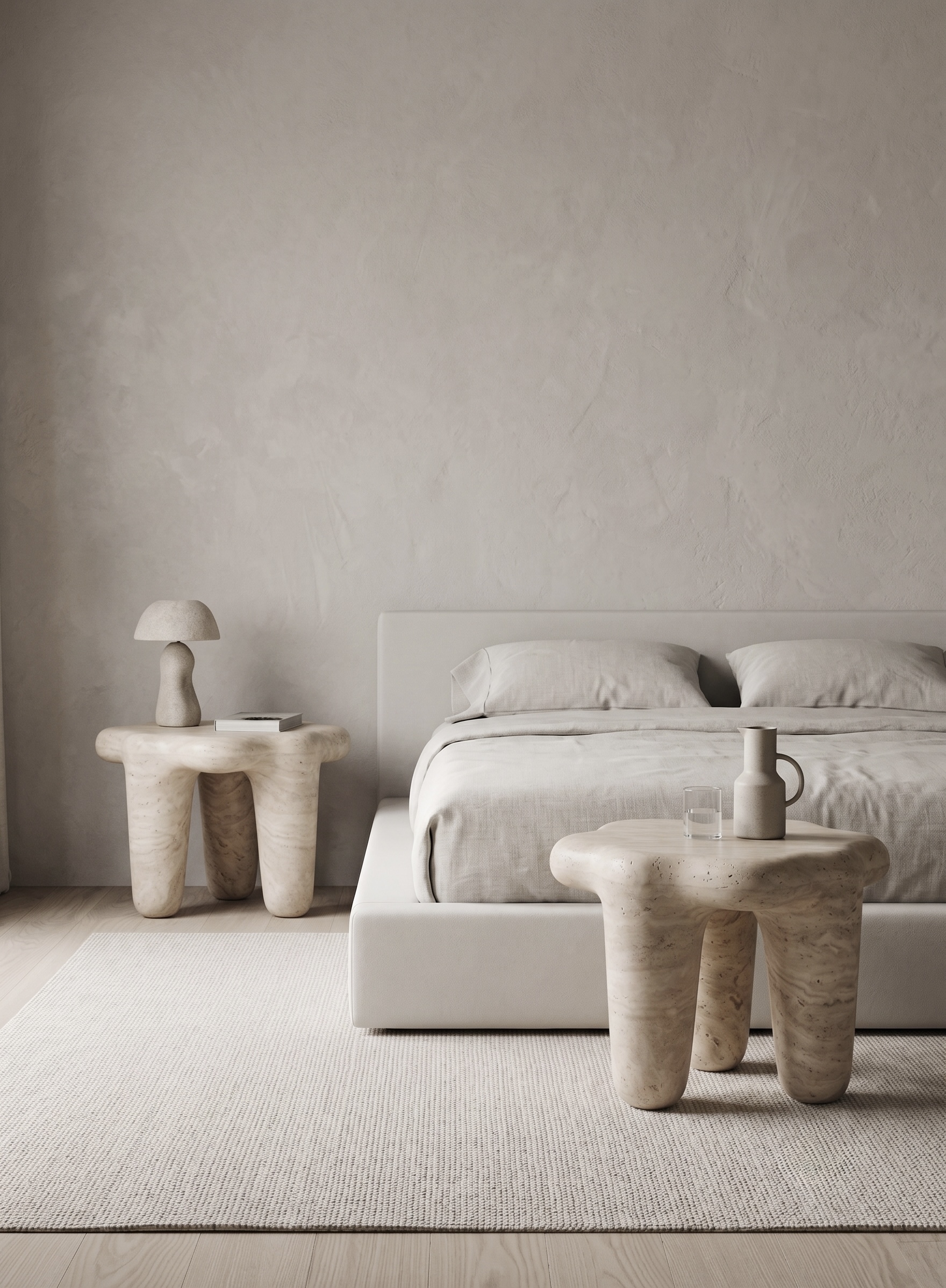 Travertine Bedside Table in bedroom