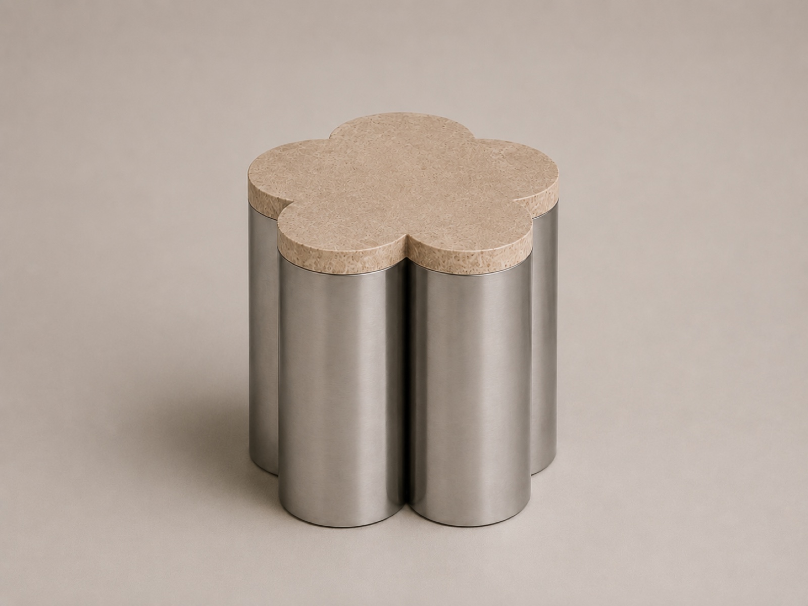 Flower Trav side table — travertine top on brushed steel