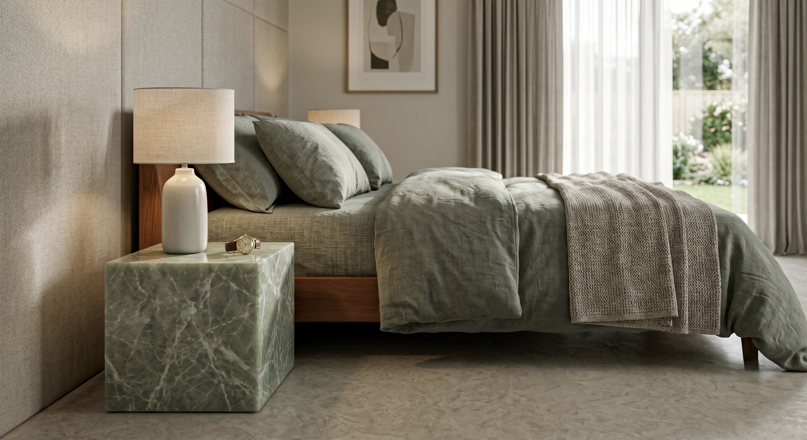 Ming Green Marble Cube Table in situ