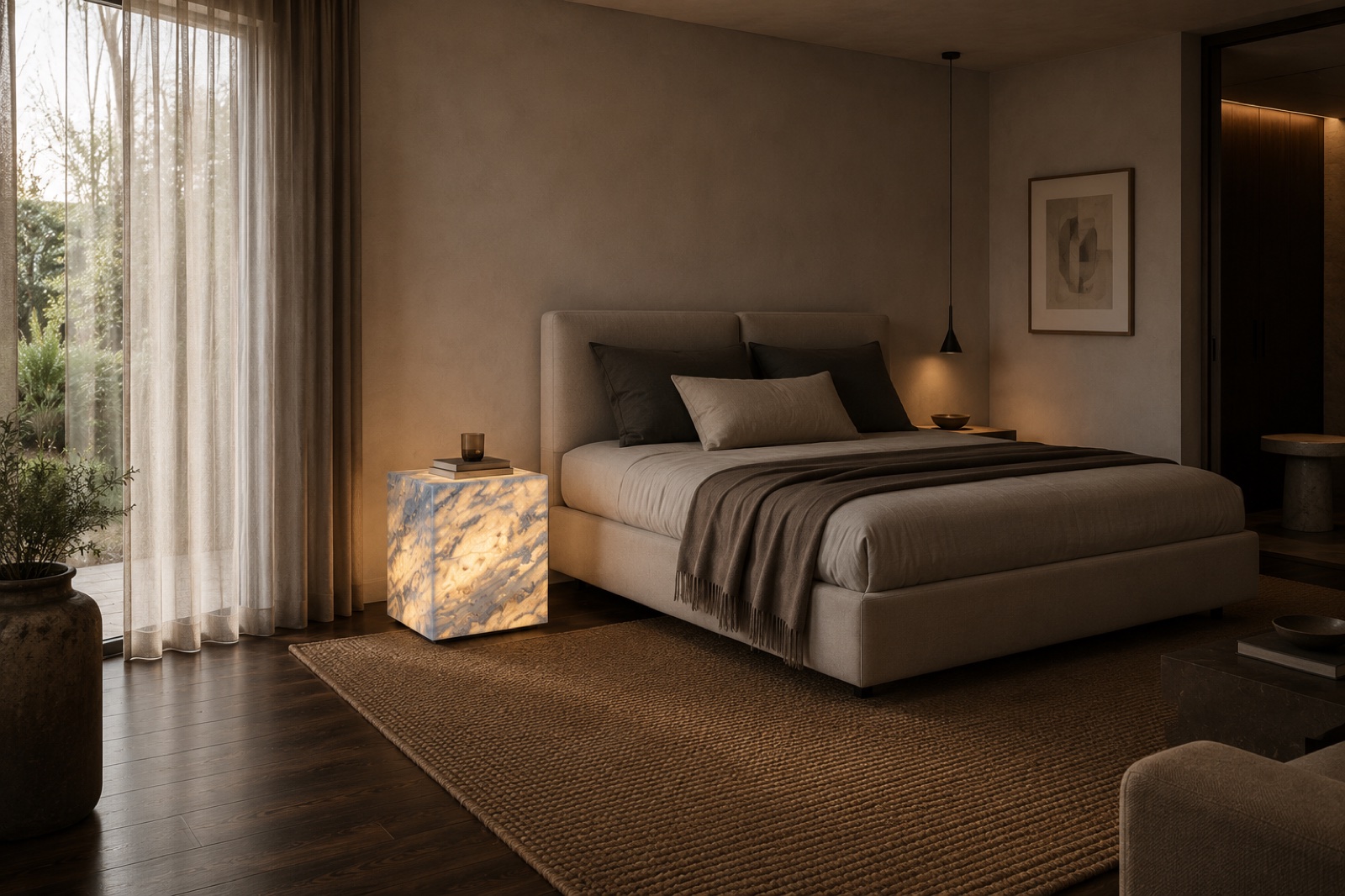 Space Cube beside a bed in a natural-toned bedroom