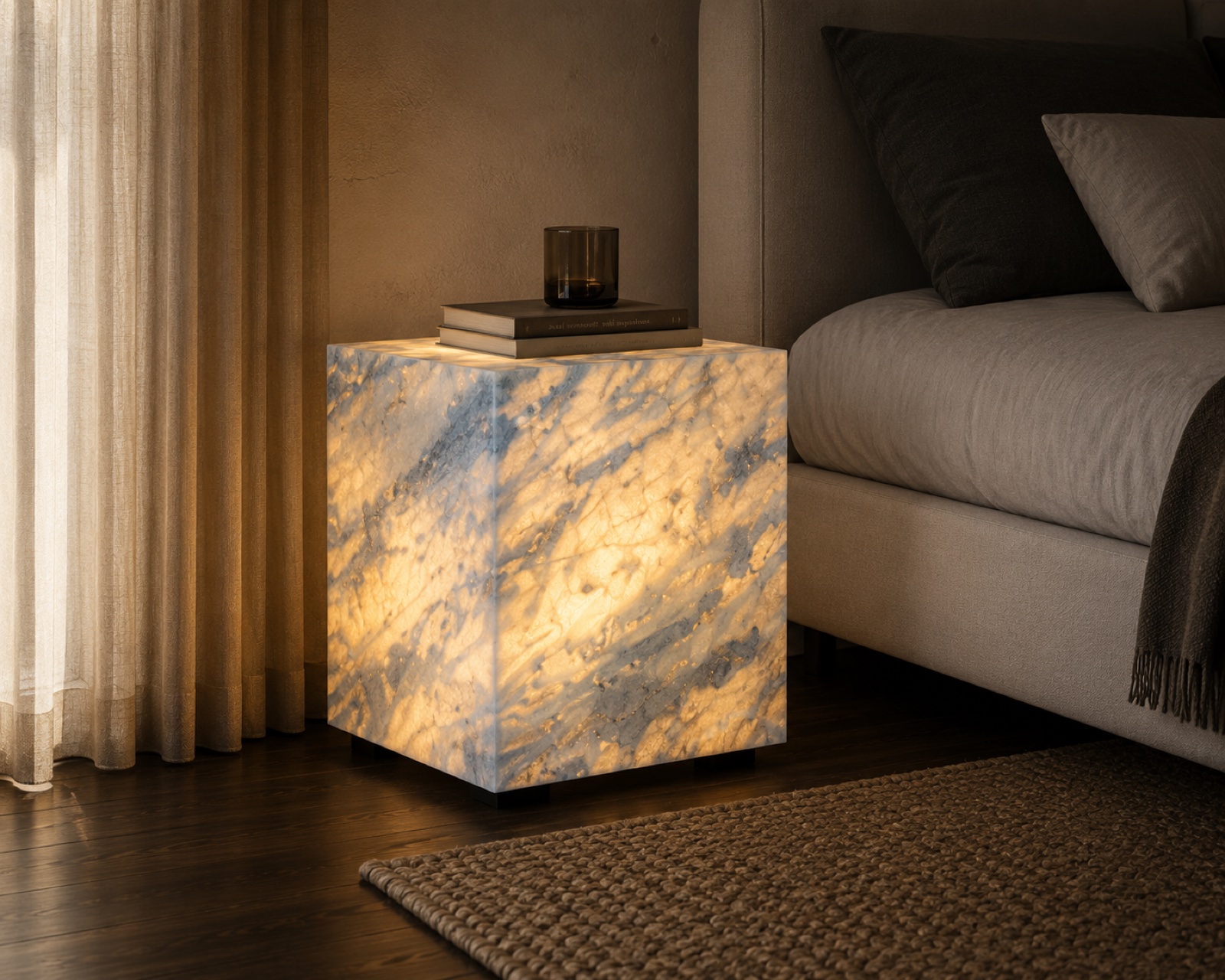Space Cube backlit — the quartzite glows from within